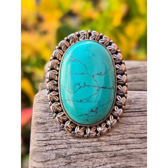 Vintage 925 Large Oval Turquoise Sterling Silver Ring, Size 7, by dP Doug Paulus - Picture 1 of 8